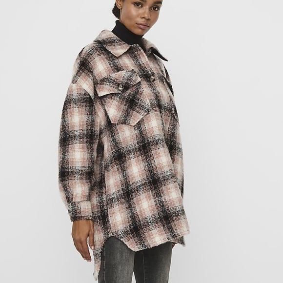 Vero Moda Women’s Pink Black Plaid Oversized fall layering Shacket Jacket Size L - Picture 1 of 9